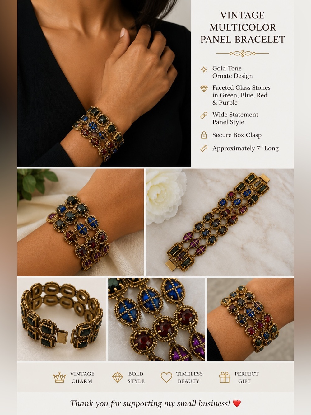 Vintage Gold Tone Multicolor Rhinestone Panel Bracelet Wide Statement 7"
